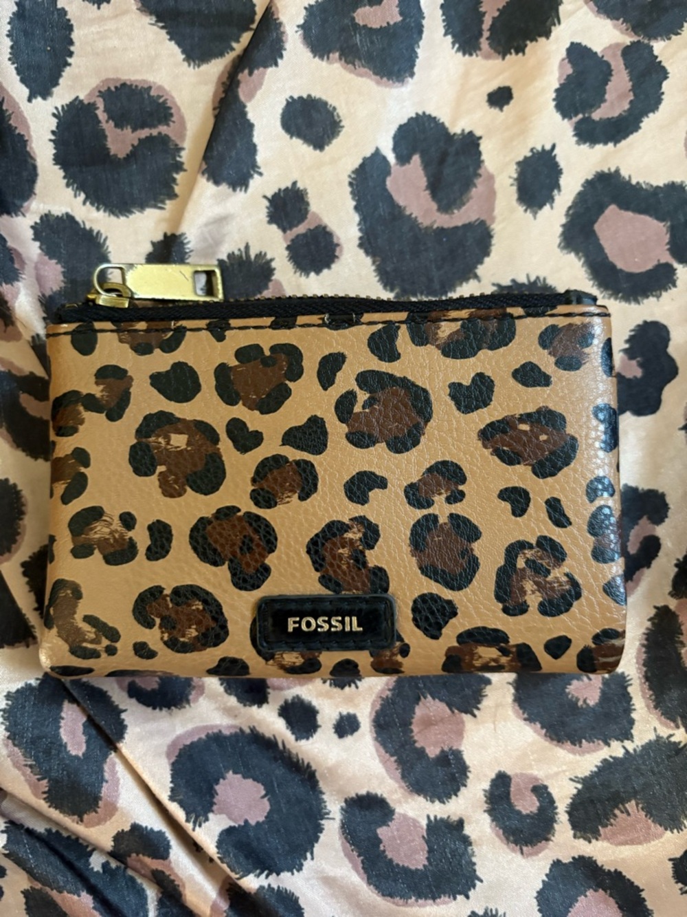 Fossil Leopard Print Zip Card Case - Tan/Brown